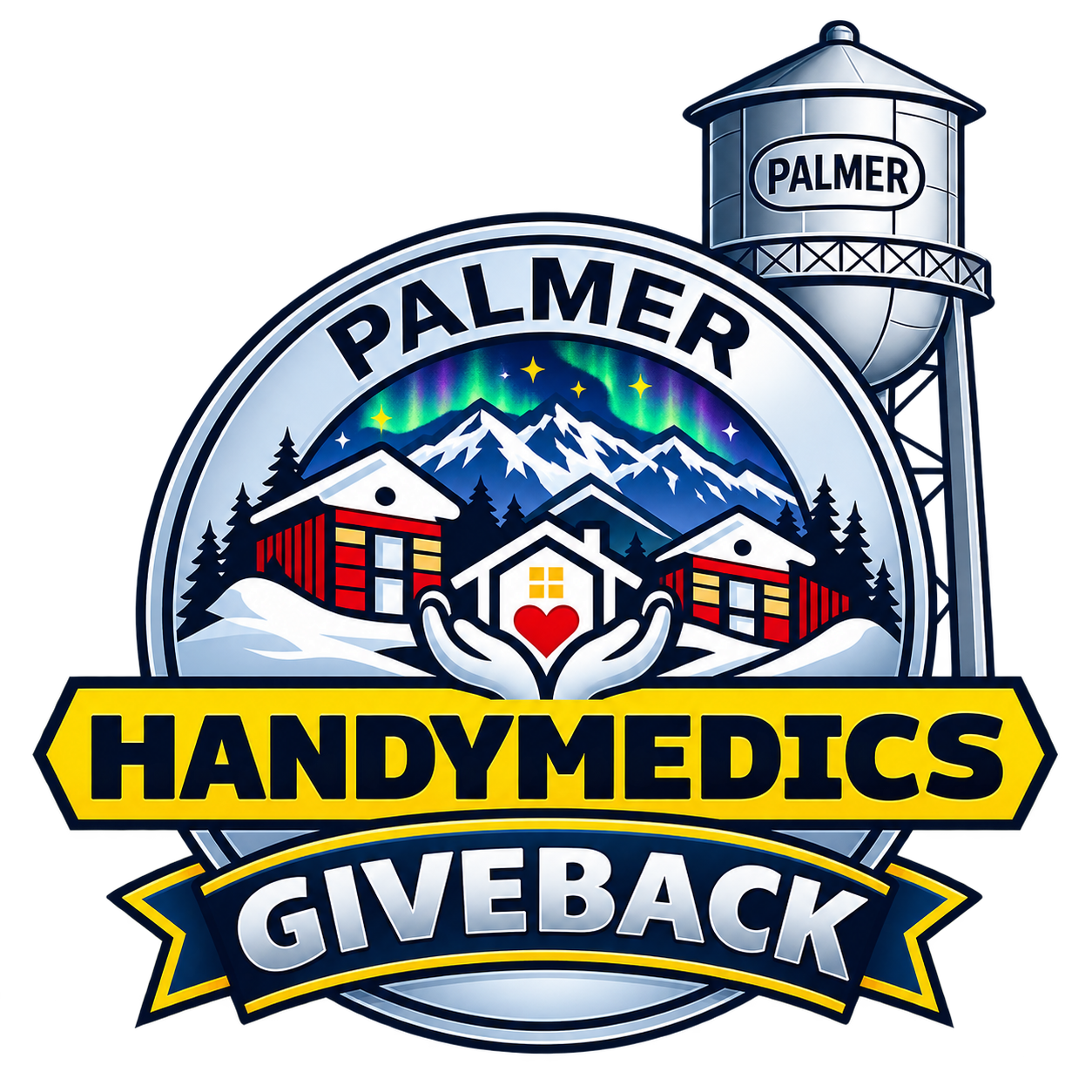 Palmer HandyMedics Giveback crest with mountains, the Palmer water tower, and hands holding a home