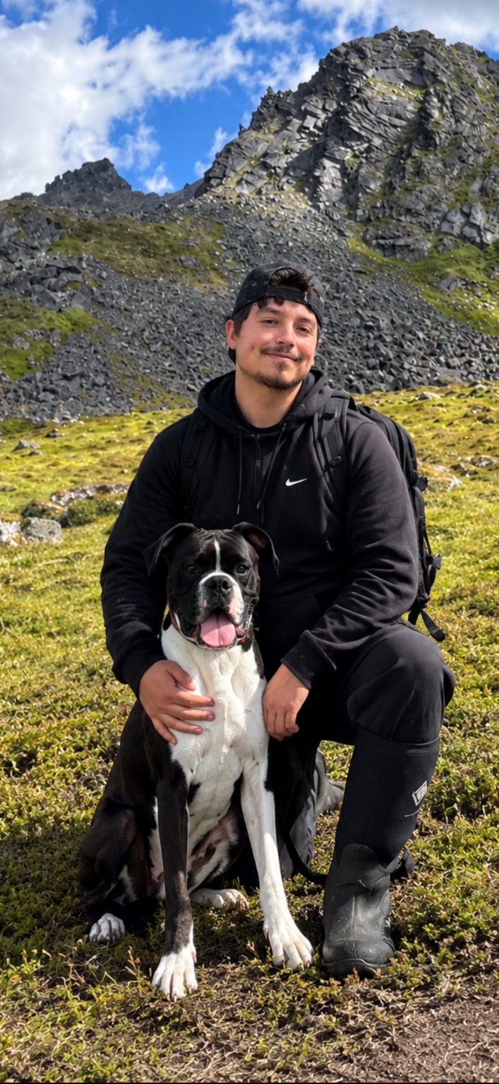 Hunter with his boxer in Alaska’s mountains